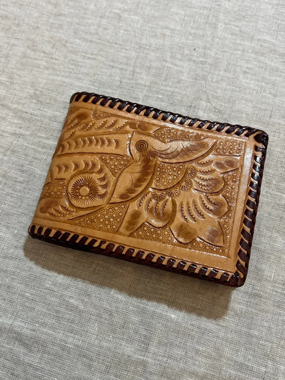 Hand-Tooled Leather Bifold Wallet - Tan with Dark Brown Trim